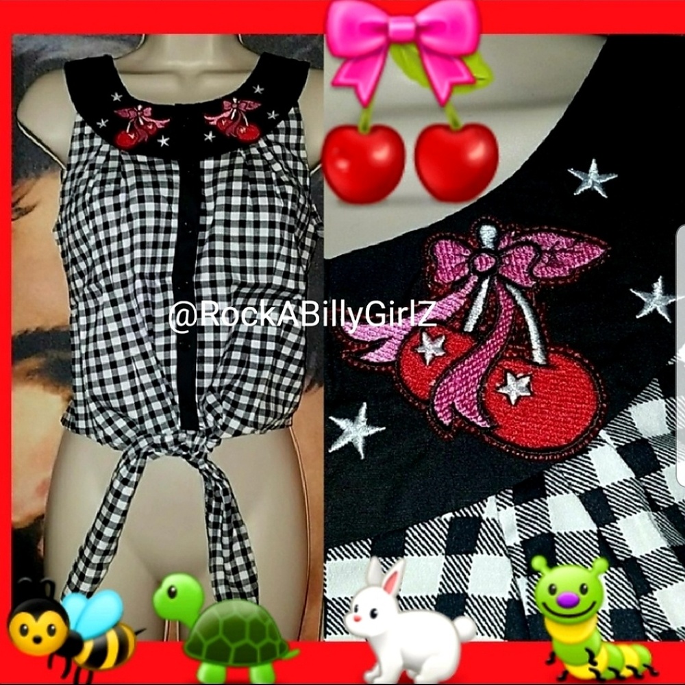 Too Fast Pinup Cutie Pie Embroidered Cherries Bow & Stars Gingham Tied Crop Top